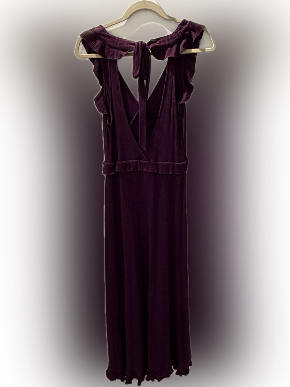 Anthropologie Deep-V Ruffle Trim Maxi Dress | Stretch Knit | Romantic | Size M - Picture 8 of 8